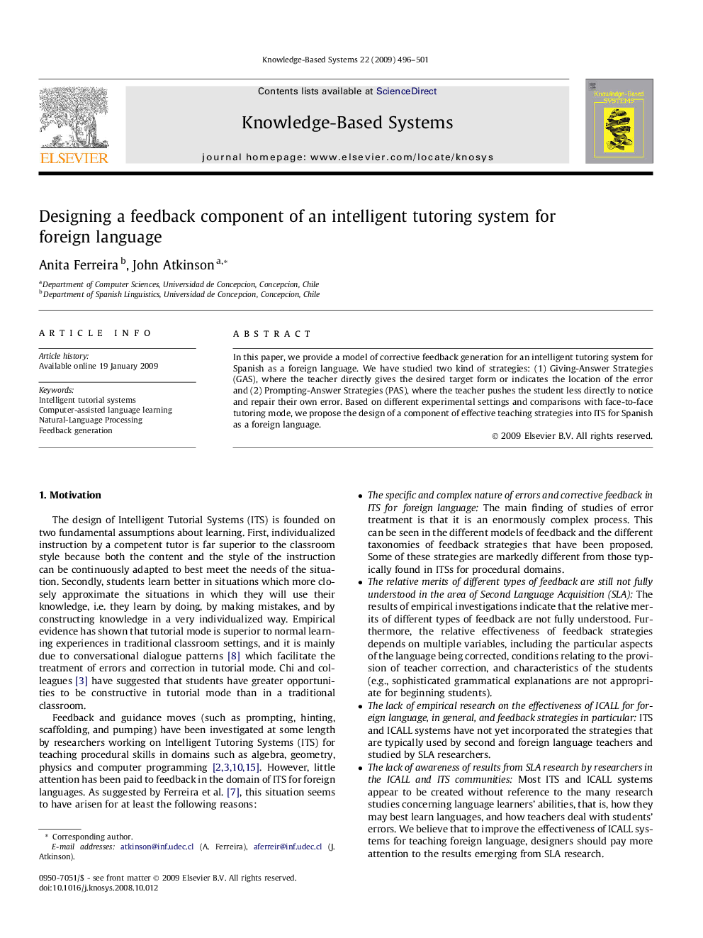 Designing a feedback component of an intelligent tutoring system for foreign language