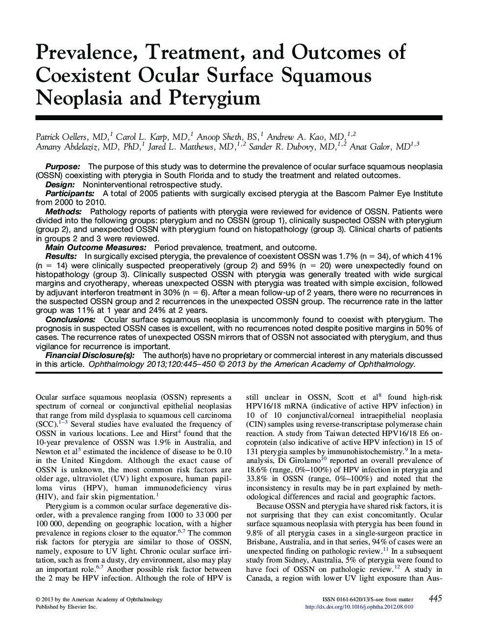 Prevalence, Treatment, and Outcomes of Coexistent Ocular Surface Squamous Neoplasia and Pterygium