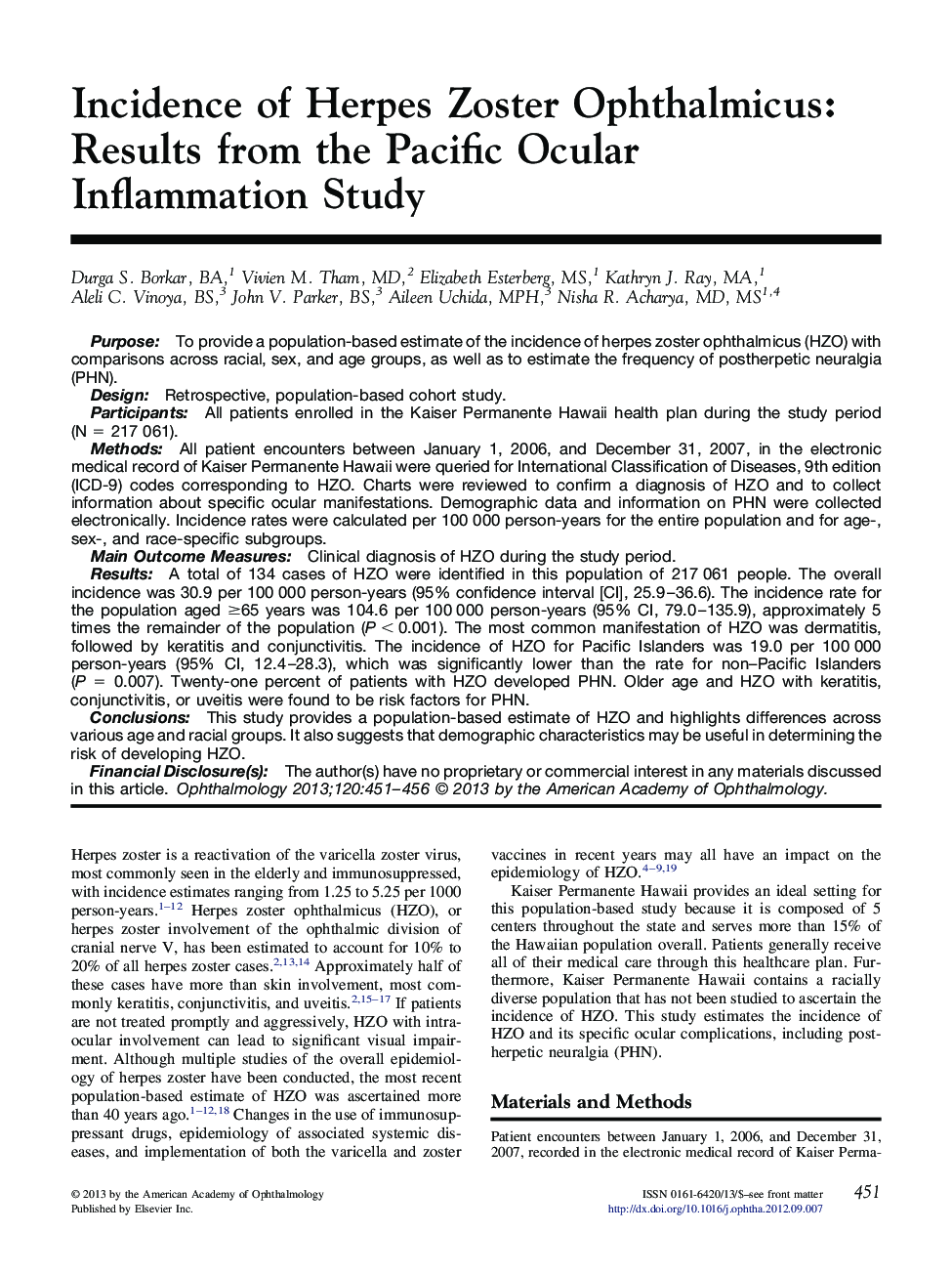 Incidence of Herpes Zoster Ophthalmicus: Results from the Pacific Ocular Inflammation Study