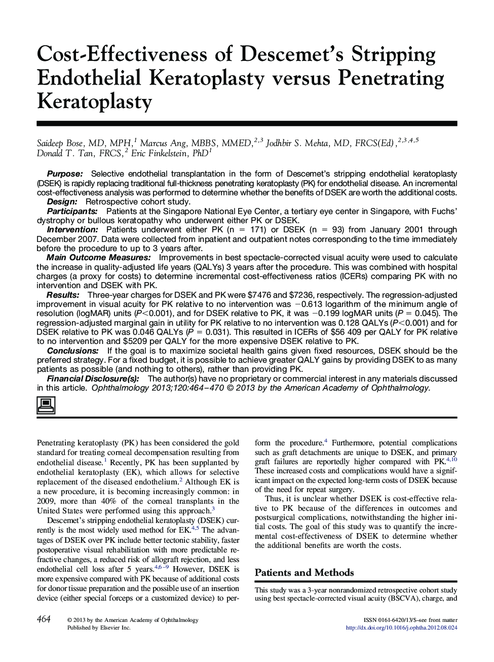 Cost-Effectiveness of Descemet's Stripping Endothelial Keratoplasty versus Penetrating Keratoplasty 