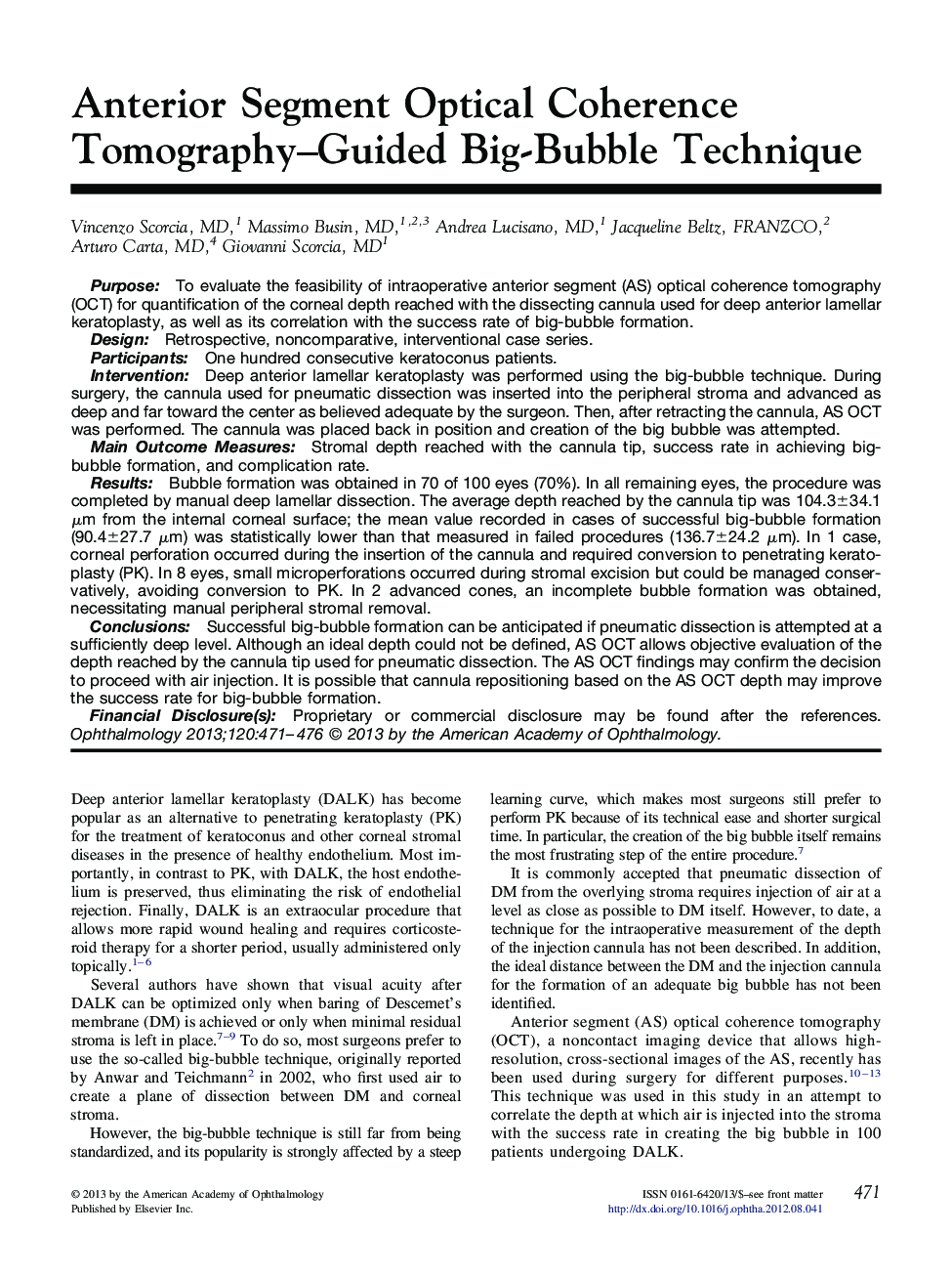 Anterior Segment Optical Coherence Tomography–Guided Big-Bubble Technique 