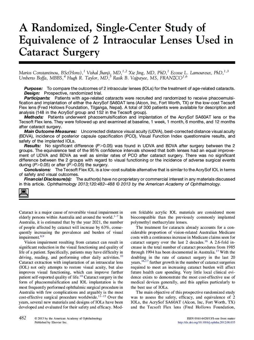 A Randomized, Single-Center Study of Equivalence of 2 Intraocular Lenses Used in Cataract Surgery