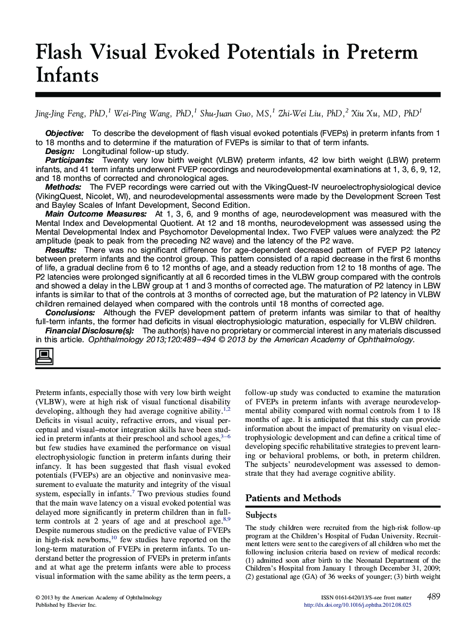 عکس صفحه اول مقاله: Flash Visual Evoked Potentials in Preterm Infants Flash Visual Evoked Potentials in Preterm Infants