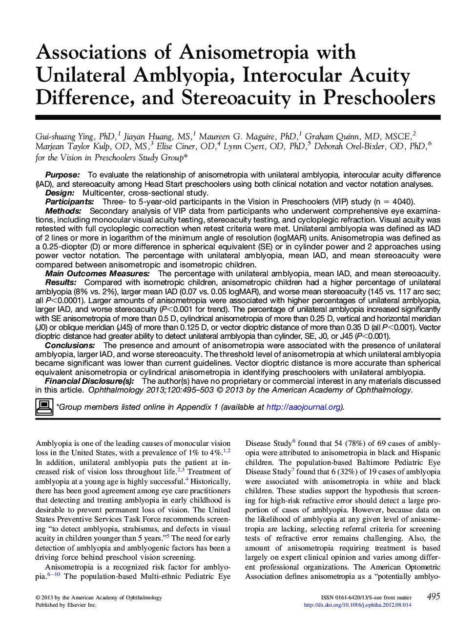 عکس صفحه اول مقاله: Associations of Anisometropia with Unilateral Amblyopia, Interocular Acuity Difference, and Stereoacuity in Preschoolers Associations of Anisometropia with Unilateral Amblyopia, Interocular Acuity Difference, and Stereoacuity in Preschoolers