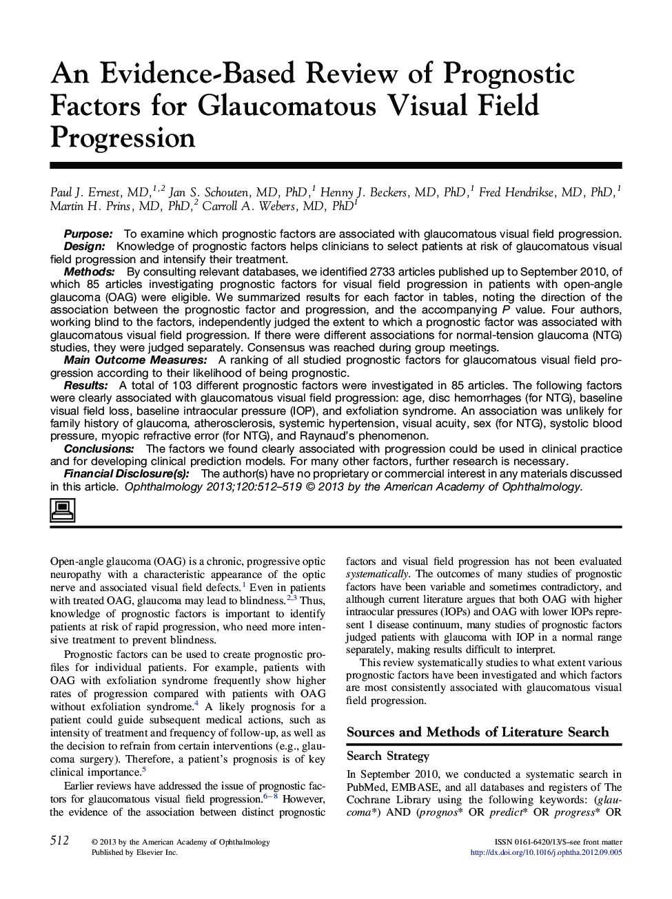 An Evidence-Based Review of Prognostic Factors for Glaucomatous Visual Field Progression