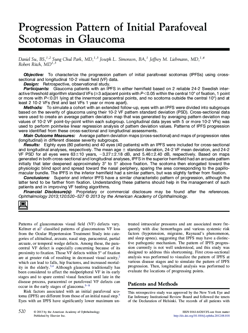 Progression Pattern of Initial Parafoveal Scotomas in Glaucoma