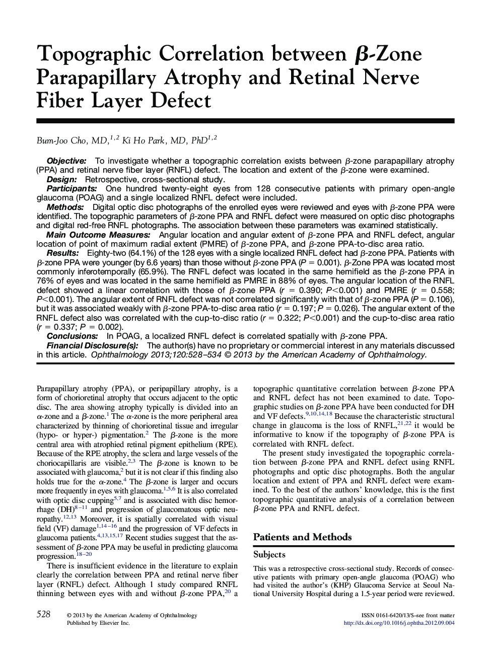 Topographic Correlation between Î²-Zone Parapapillary Atrophy and Retinal Nerve Fiber Layer Defect
