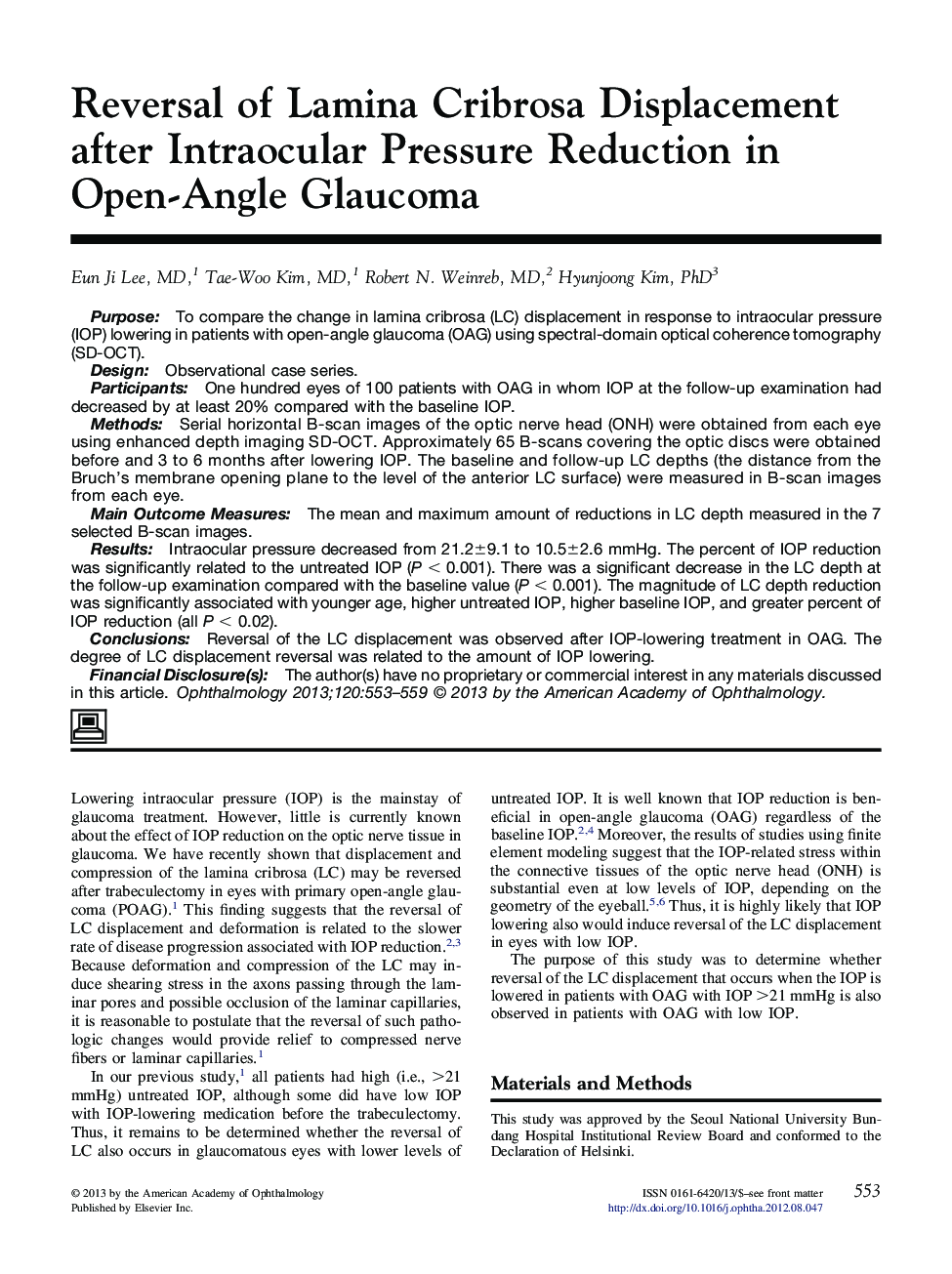 Reversal of Lamina Cribrosa Displacement after Intraocular Pressure Reduction in Open-Angle Glaucoma