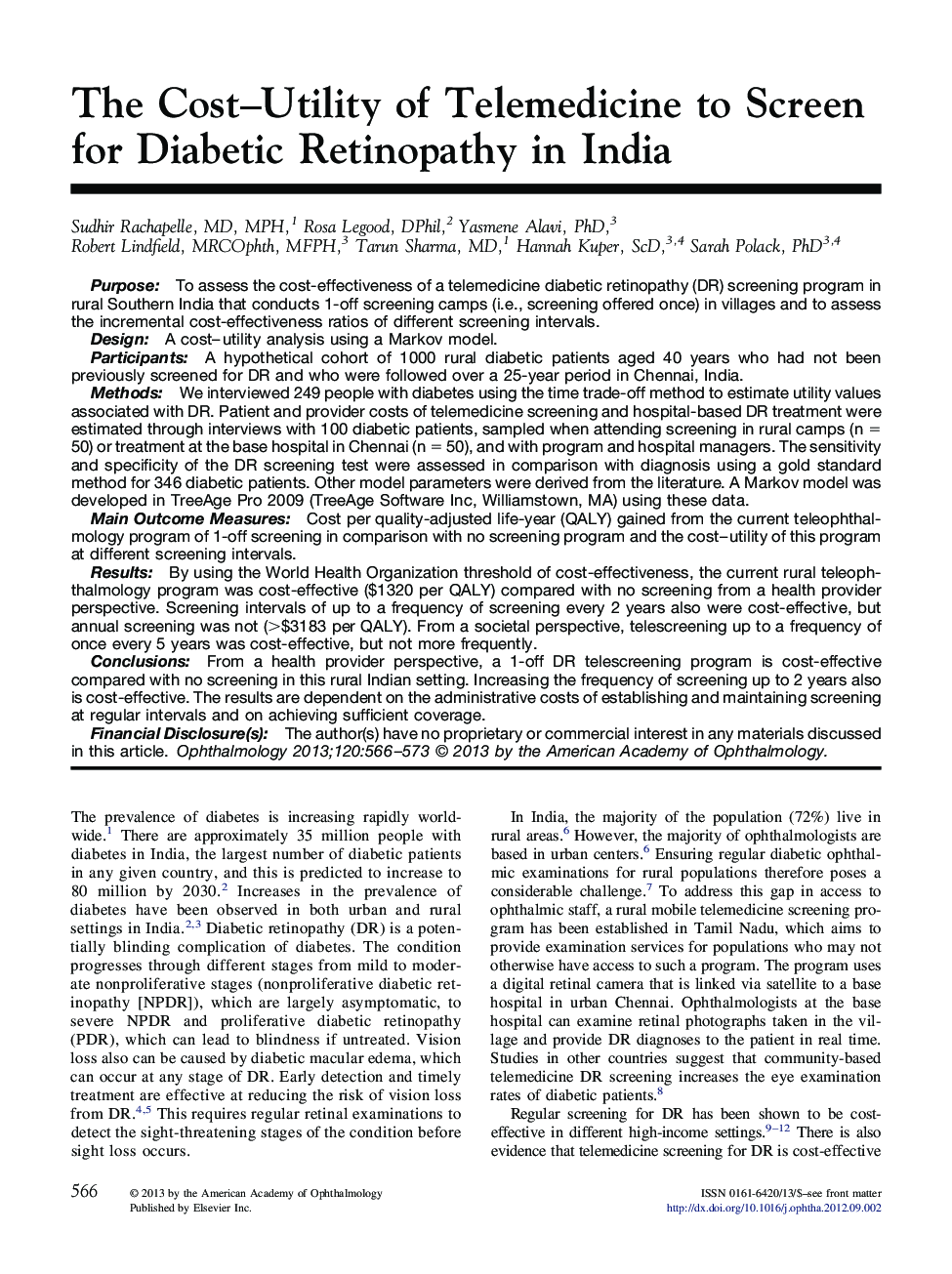 The Cost-Utility of Telemedicine to Screen for Diabetic Retinopathy in India