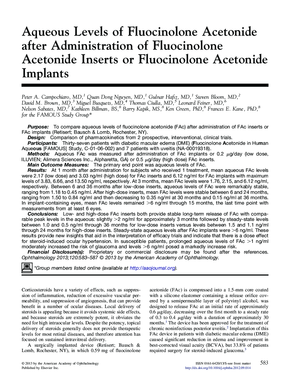 Aqueous Levels of Fluocinolone Acetonide after Administration of Fluocinolone Acetonide Inserts or Fluocinolone Acetonide Implants