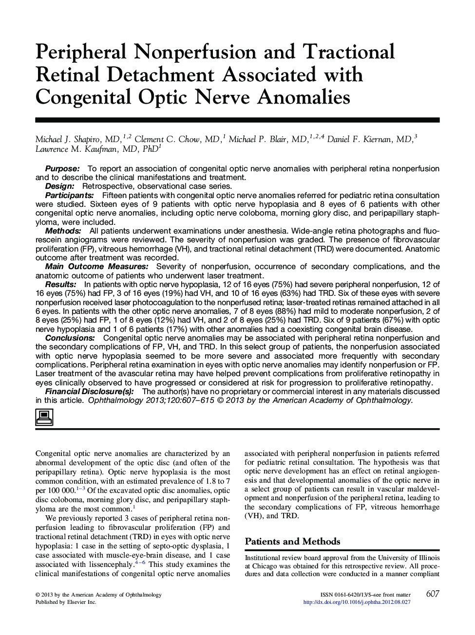 Peripheral Nonperfusion and Tractional Retinal Detachment Associated with Congenital Optic Nerve Anomalies