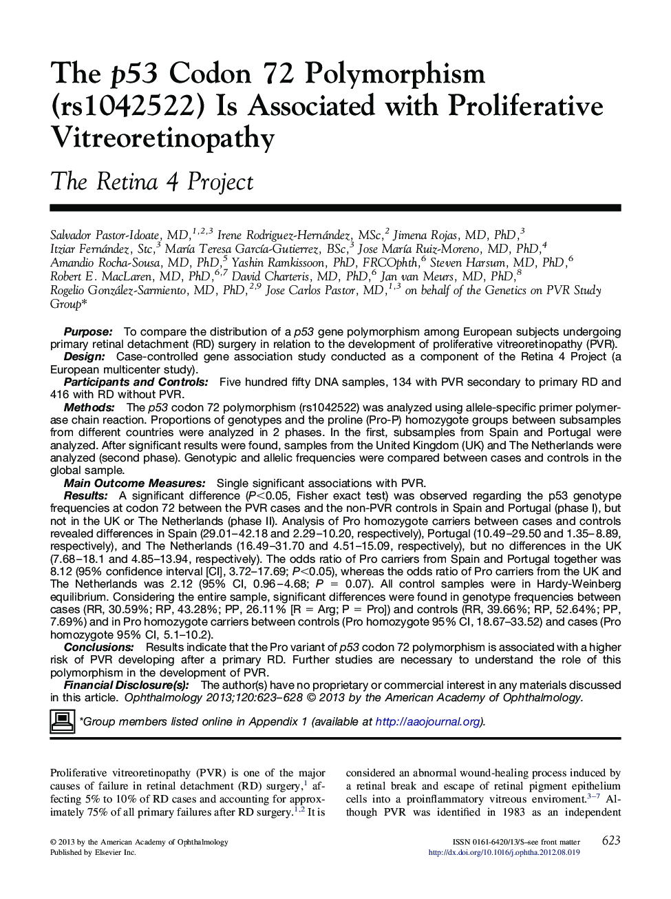 The p53 Codon 72 Polymorphism (rs1042522) Is Associated with Proliferative Vitreoretinopathy
