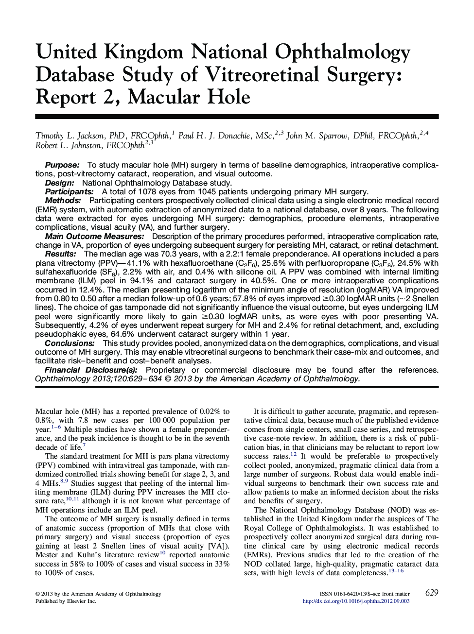 United Kingdom National Ophthalmology Database Study of Vitreoretinal Surgery: Report 2, Macular Hole