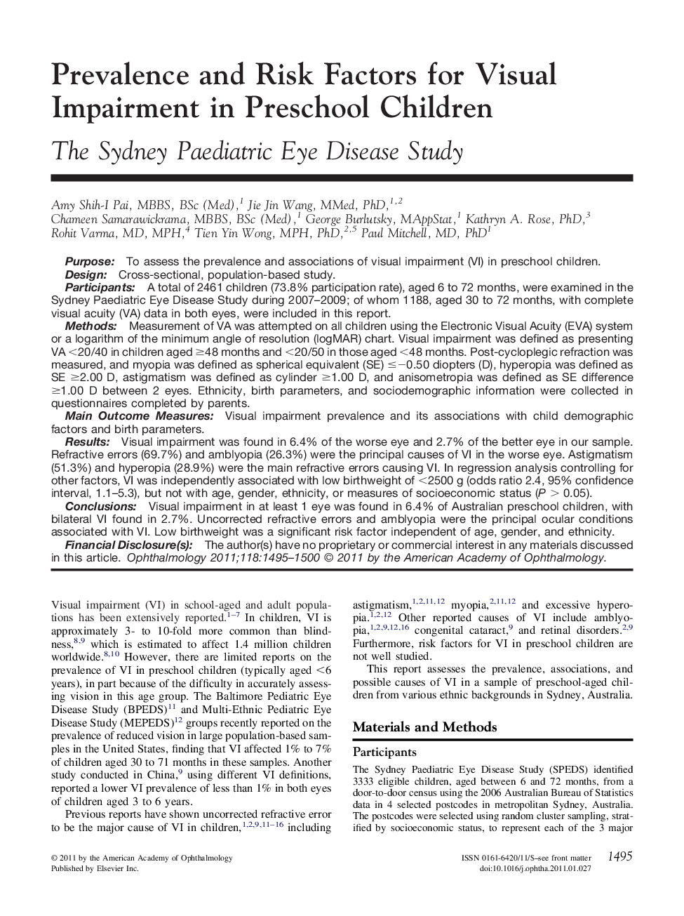Prevalence and Risk Factors for Visual Impairment in Preschool Children