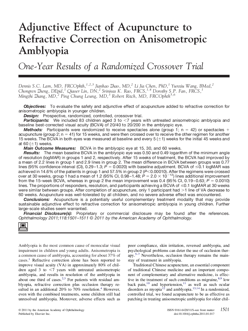 Adjunctive Effect of Acupuncture to Refractive Correction on Anisometropic Amblyopia : One-Year Results of a Randomized Crossover Trial