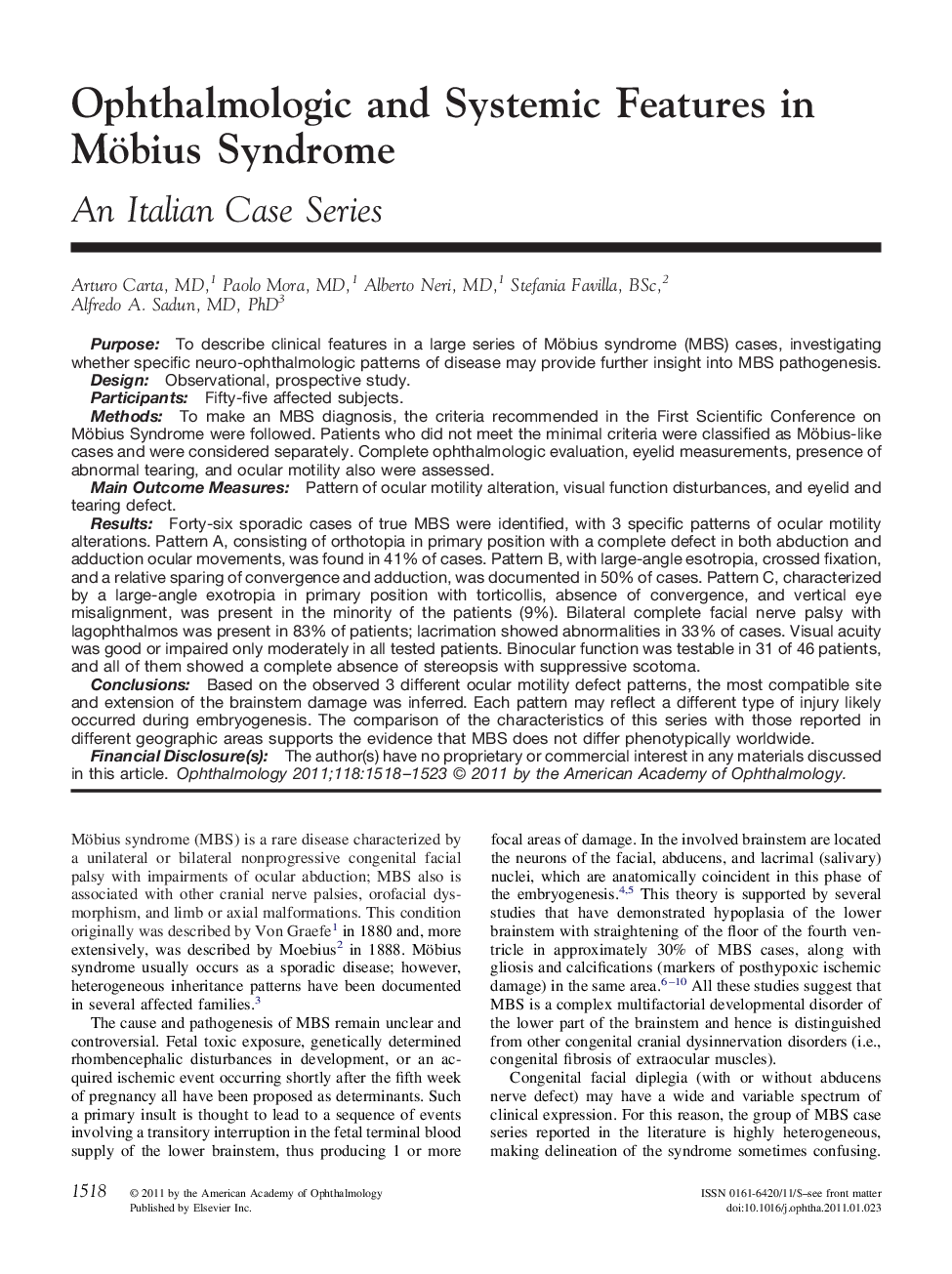 Ophthalmologic and Systemic Features in Möbius Syndrome : An Italian Case Series
