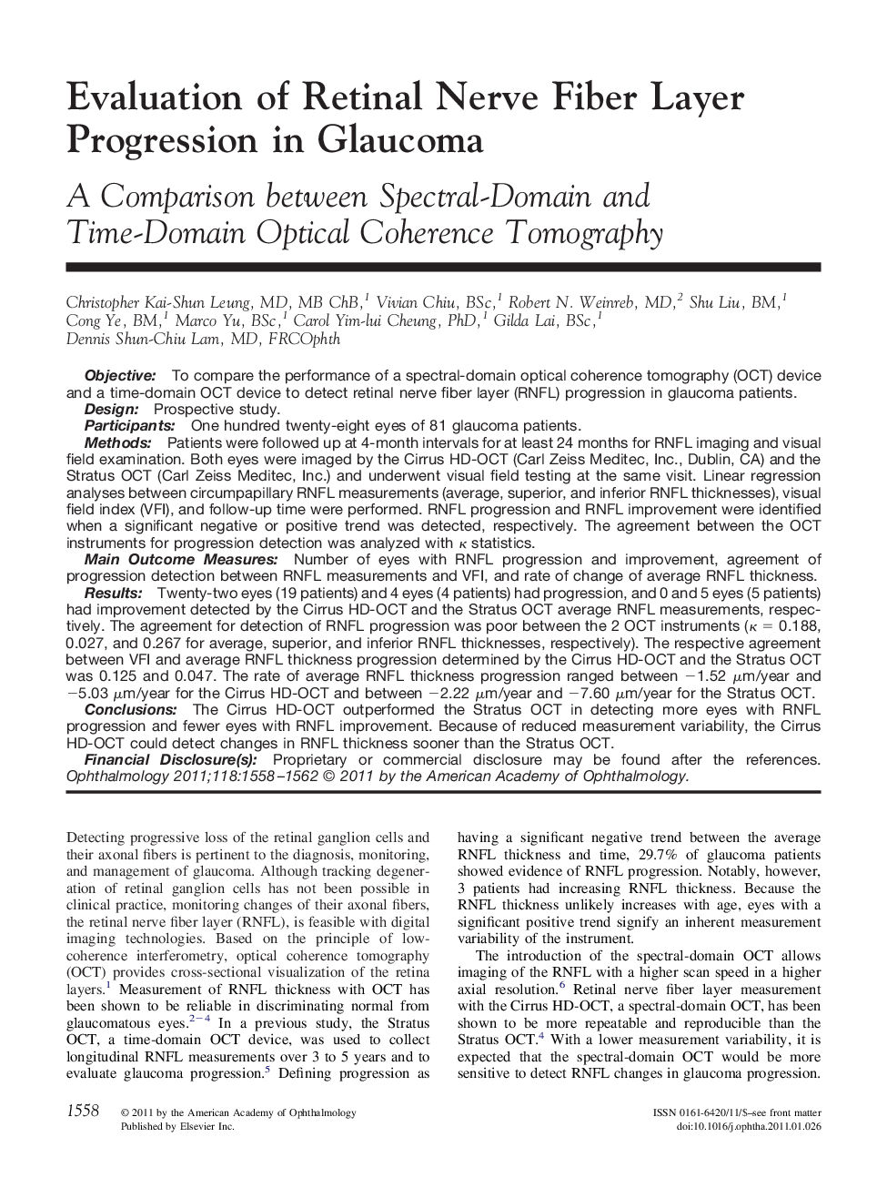 Evaluation of Retinal Nerve Fiber Layer Progression in Glaucoma