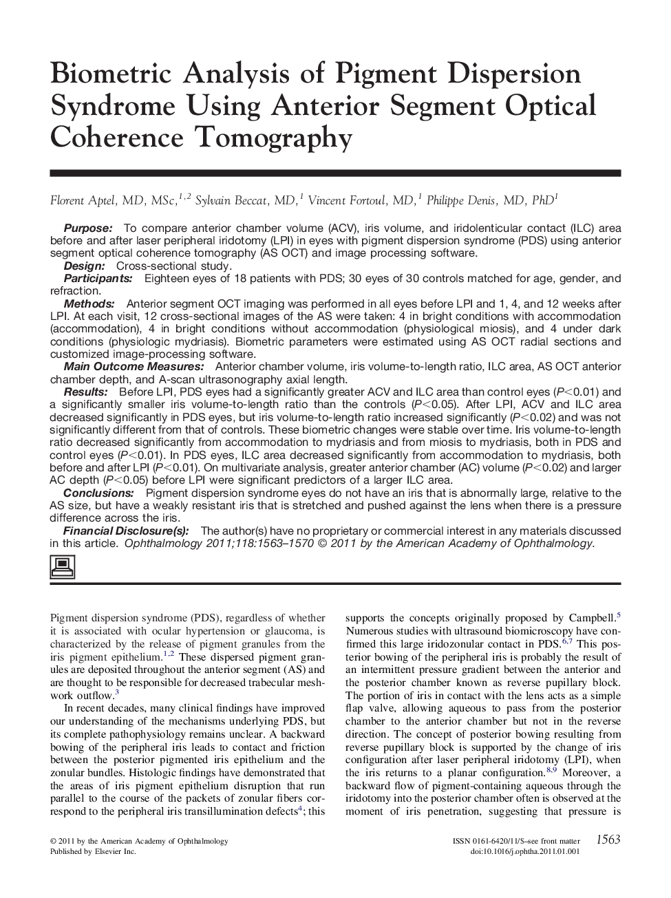 Biometric Analysis of Pigment Dispersion Syndrome Using Anterior Segment Optical Coherence Tomography