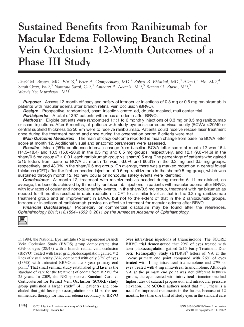 Sustained Benefits from Ranibizumab for Macular Edema Following Branch Retinal Vein Occlusion: 12-Month Outcomes of a Phase III Study