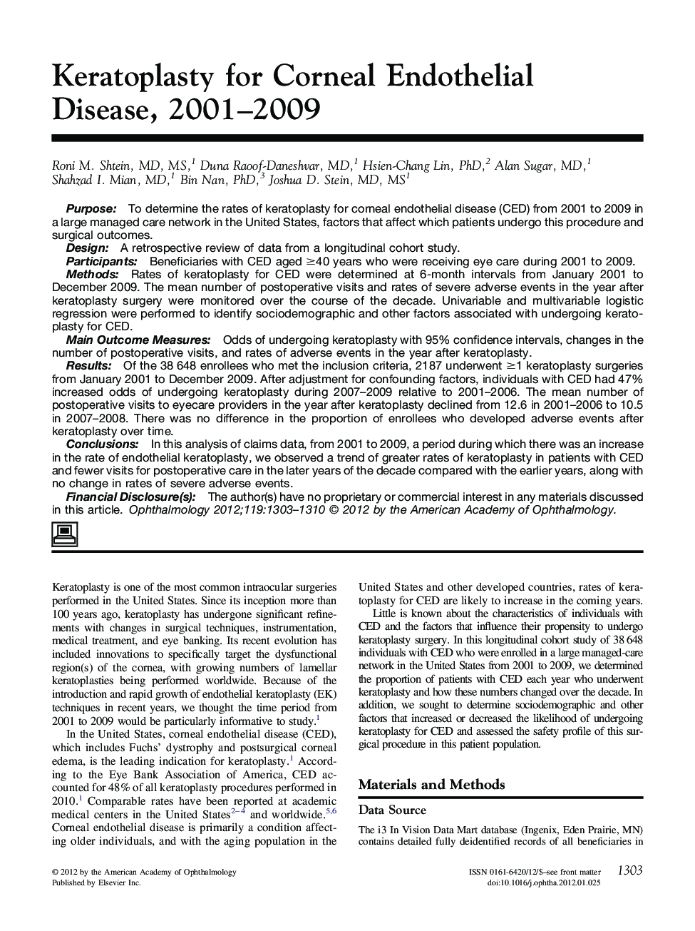 Keratoplasty for Corneal Endothelial Disease, 2001-2009