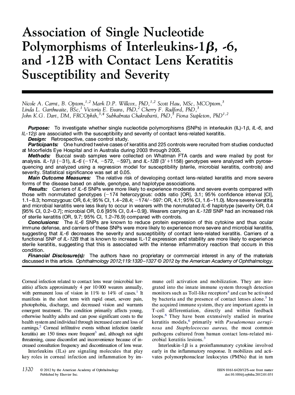Association of Single Nucleotide Polymorphisms of Interleukins-1β, -6, and -12B with Contact Lens Keratitis Susceptibility and Severity 