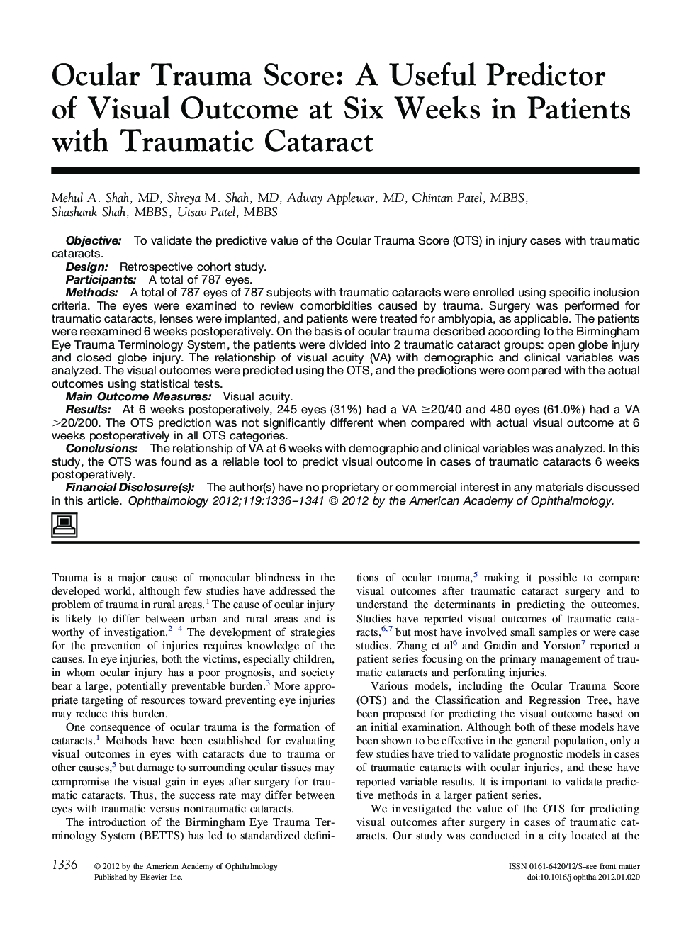 Ocular Trauma Score: A Useful Predictor of Visual Outcome at Six Weeks in Patients with Traumatic Cataract