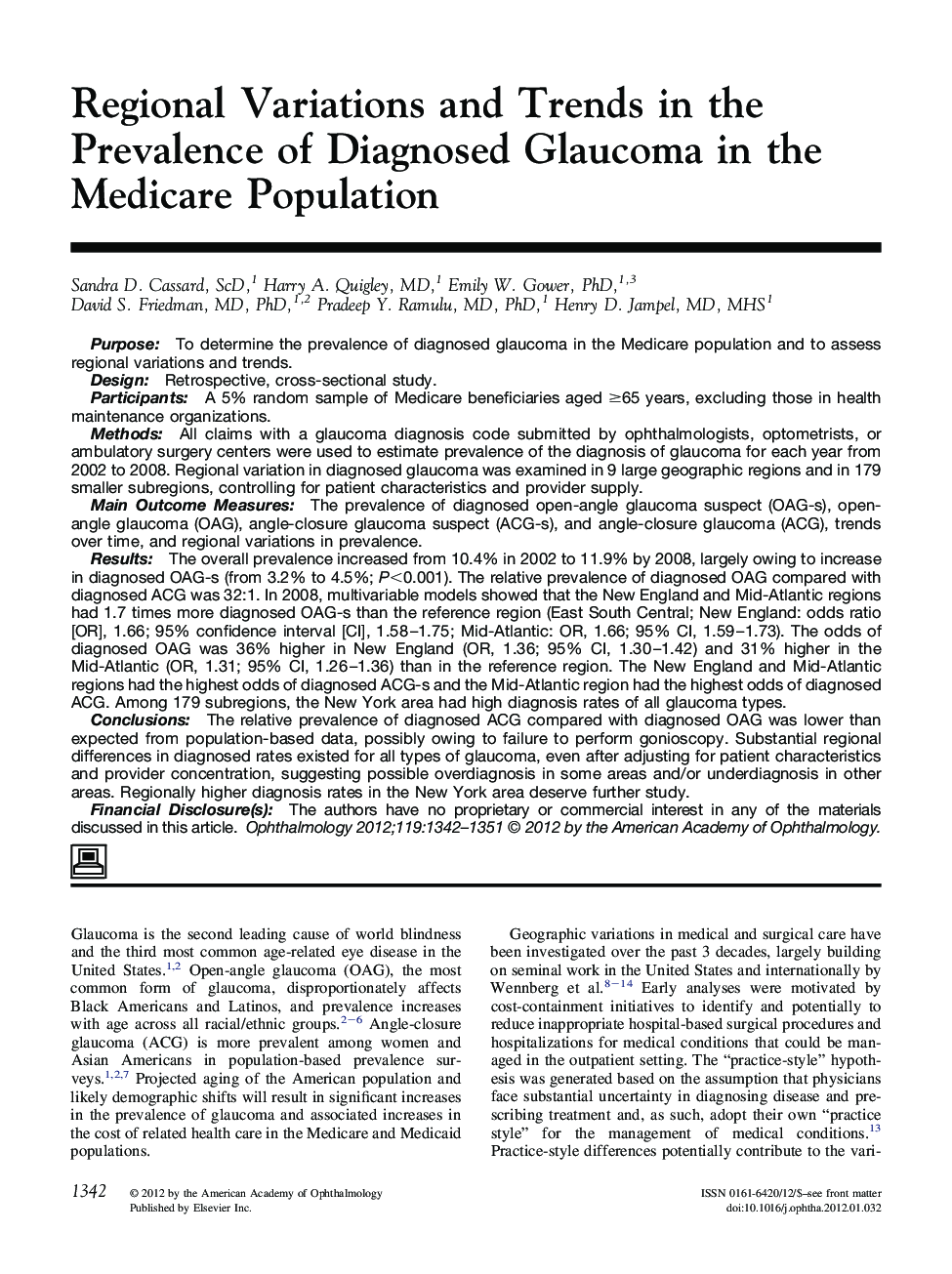 Regional Variations and Trends in the Prevalence of Diagnosed Glaucoma in the Medicare Population