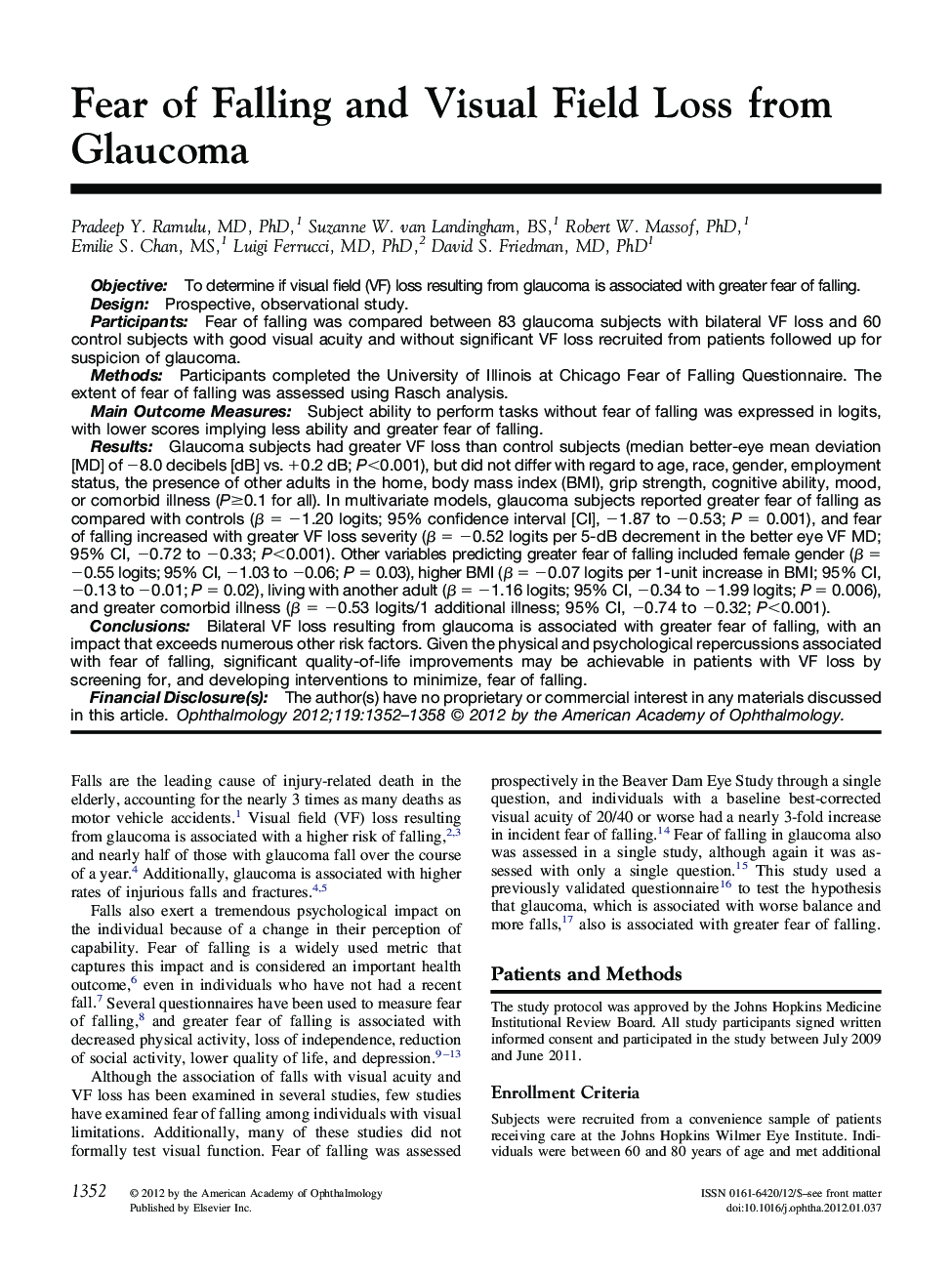 Fear of Falling and Visual Field Loss from Glaucoma