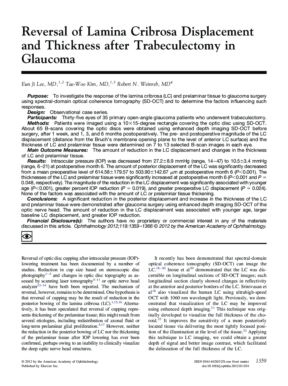 Reversal of Lamina Cribrosa Displacement and Thickness after Trabeculectomy in Glaucoma