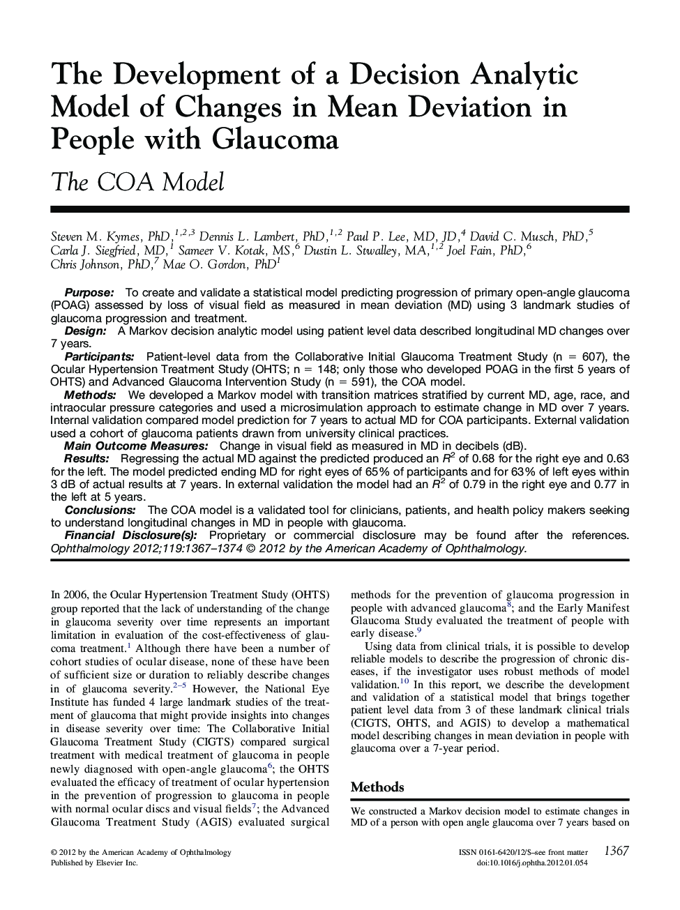 The Development of a Decision Analytic Model of Changes in Mean Deviation in People with Glaucoma : The COA Model