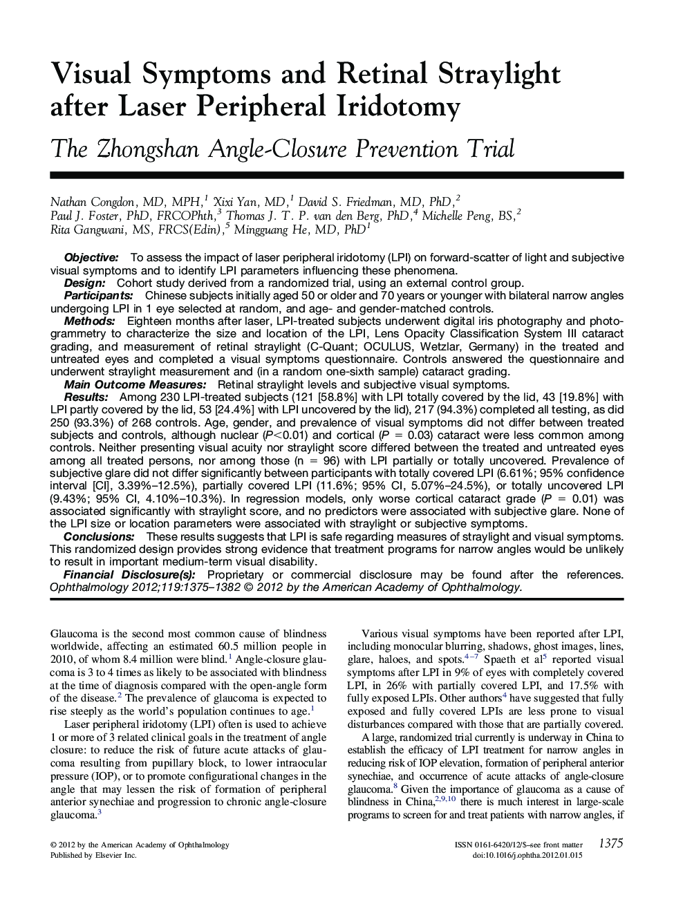 Visual Symptoms and Retinal Straylight after Laser Peripheral Iridotomy