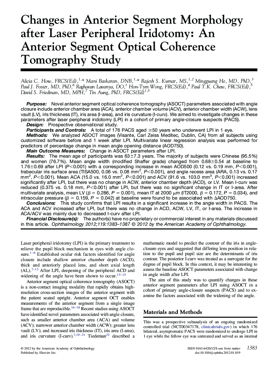 Changes in Anterior Segment Morphology after Laser Peripheral Iridotomy: An Anterior Segment Optical Coherence Tomography Study 
