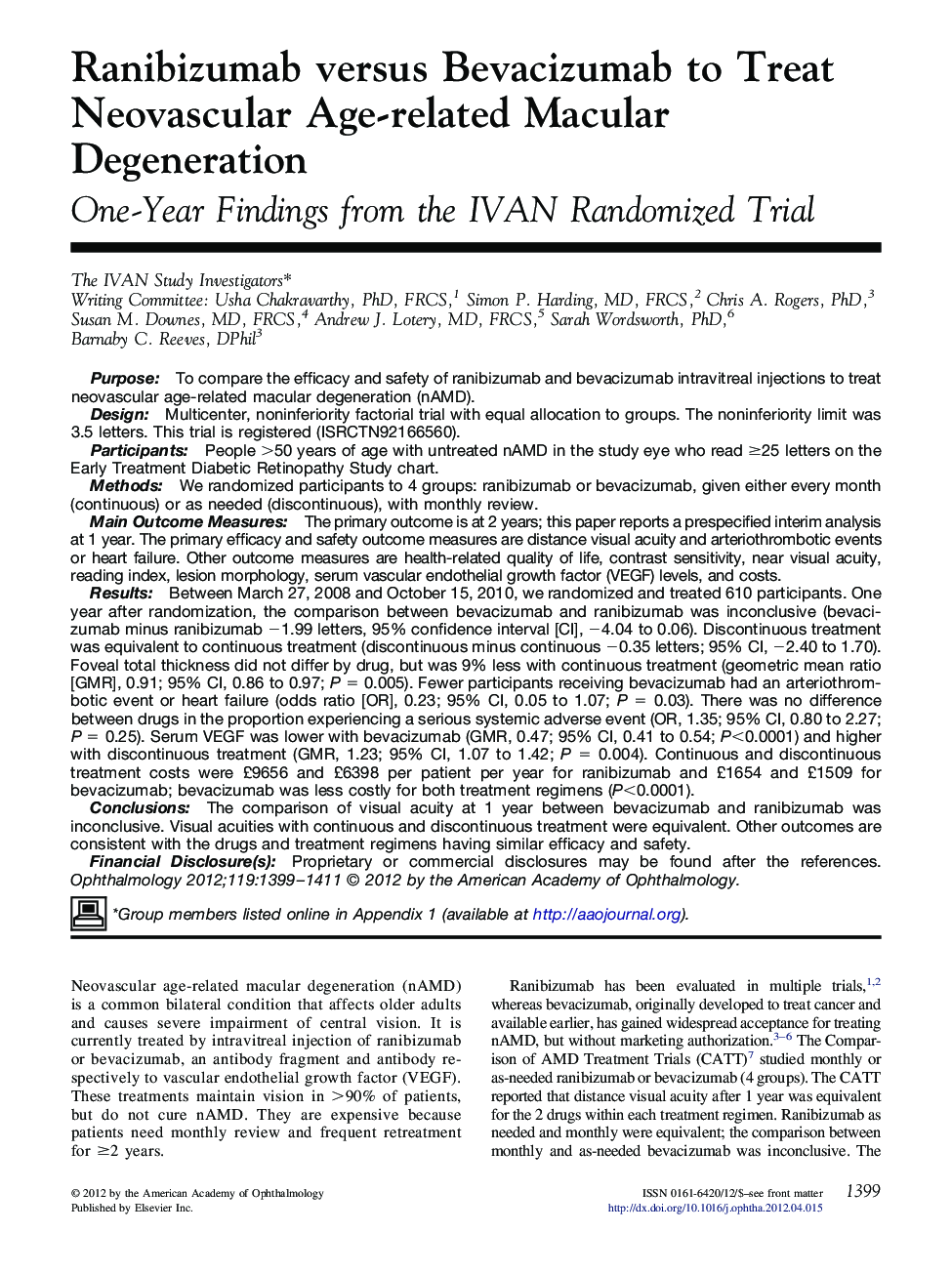 Ranibizumab versus Bevacizumab to Treat Neovascular Age-related Macular Degeneration
