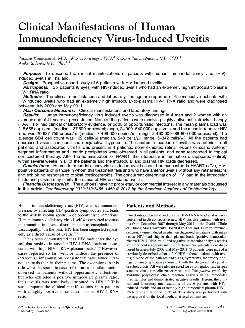 عکس صفحه اول مقاله: Clinical Manifestations of Human Immunodeficiency Virus-Induced Uveitis Clinical Manifestations of Human Immunodeficiency Virus-Induced Uveitis