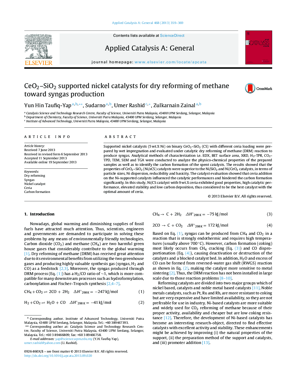 CeO2–SiO2 supported nickel catalysts for dry reforming of methane toward syngas production