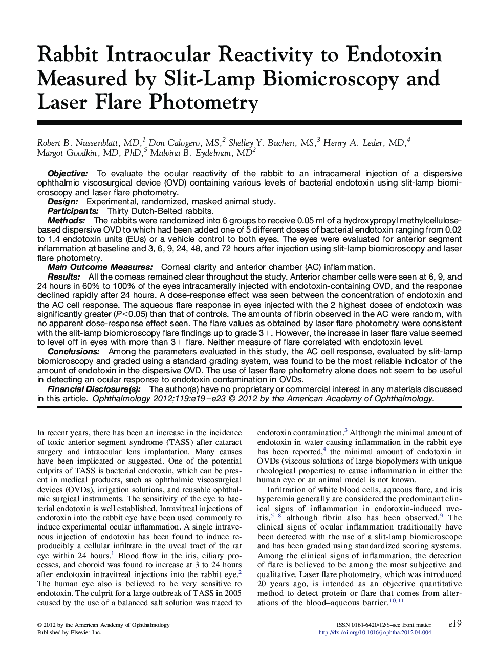 Rabbit Intraocular Reactivity to Endotoxin Measured by Slit-Lamp Biomicroscopy and Laser Flare Photometry