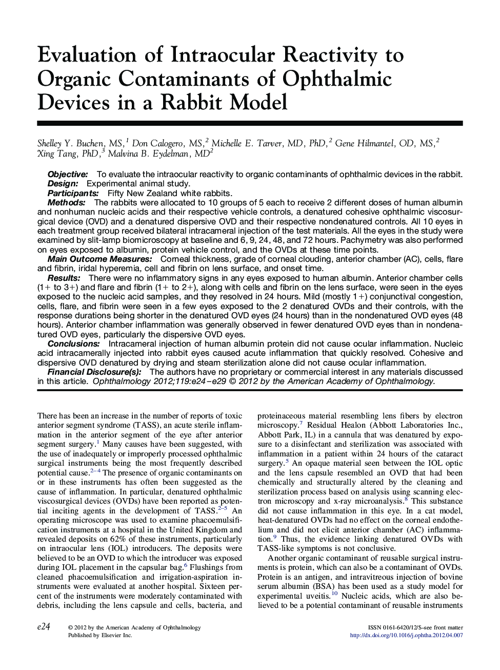 Evaluation of Intraocular Reactivity to Organic Contaminants of Ophthalmic Devices in a Rabbit Model 