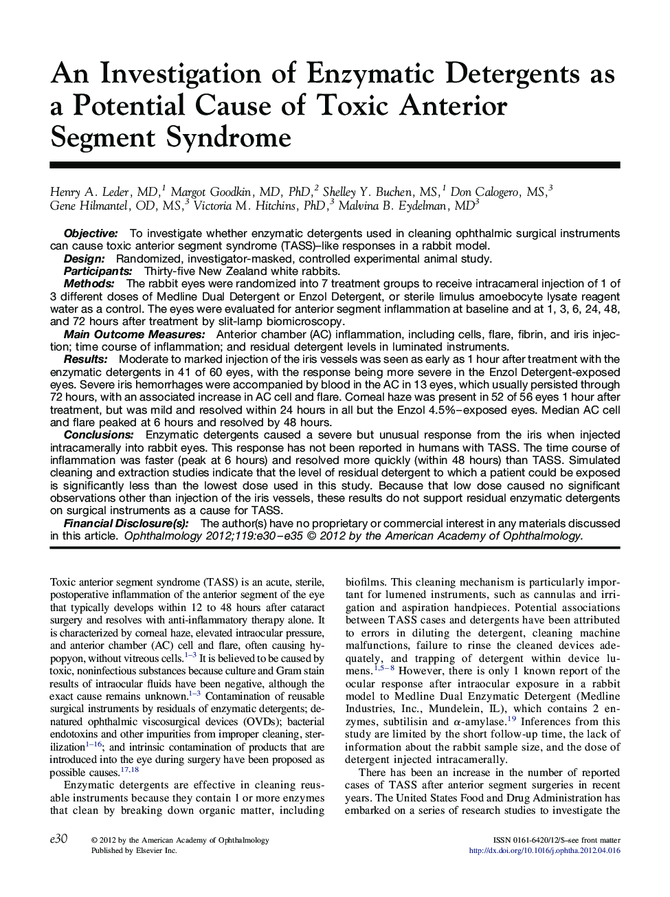 An Investigation of Enzymatic Detergents as a Potential Cause of Toxic Anterior Segment Syndrome