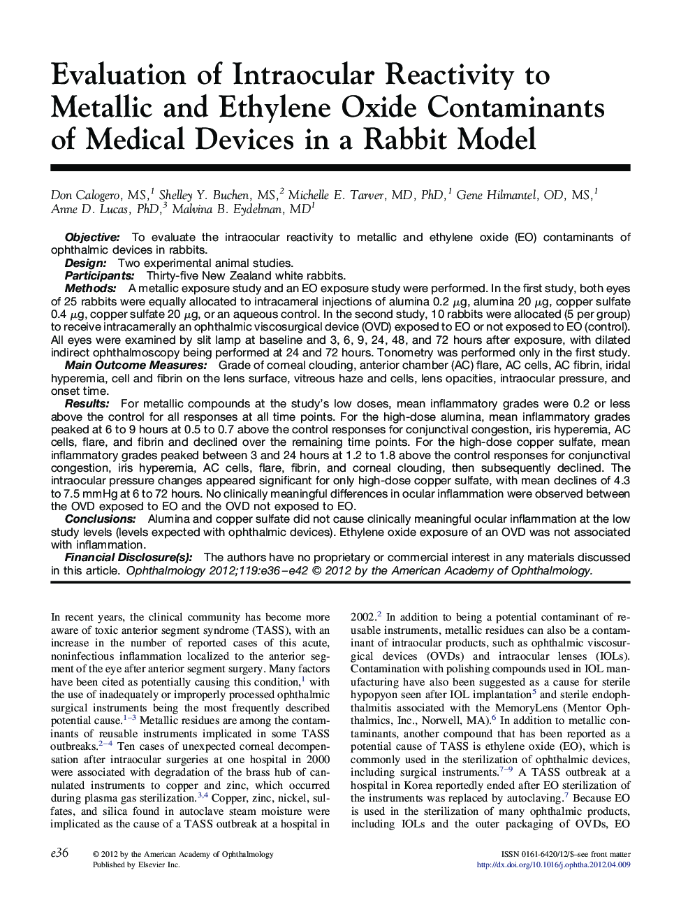 Evaluation of Intraocular Reactivity to Metallic and Ethylene Oxide Contaminants of Medical Devices in a Rabbit Model