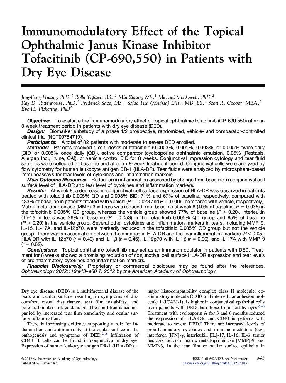 Immunomodulatory Effect of the Topical Ophthalmic Janus Kinase Inhibitor Tofacitinib (CP-690,550) in Patients with Dry Eye Disease