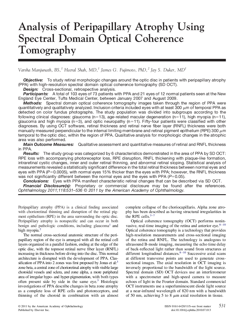 Analysis of Peripapillary Atrophy Using Spectral Domain Optical Coherence Tomography