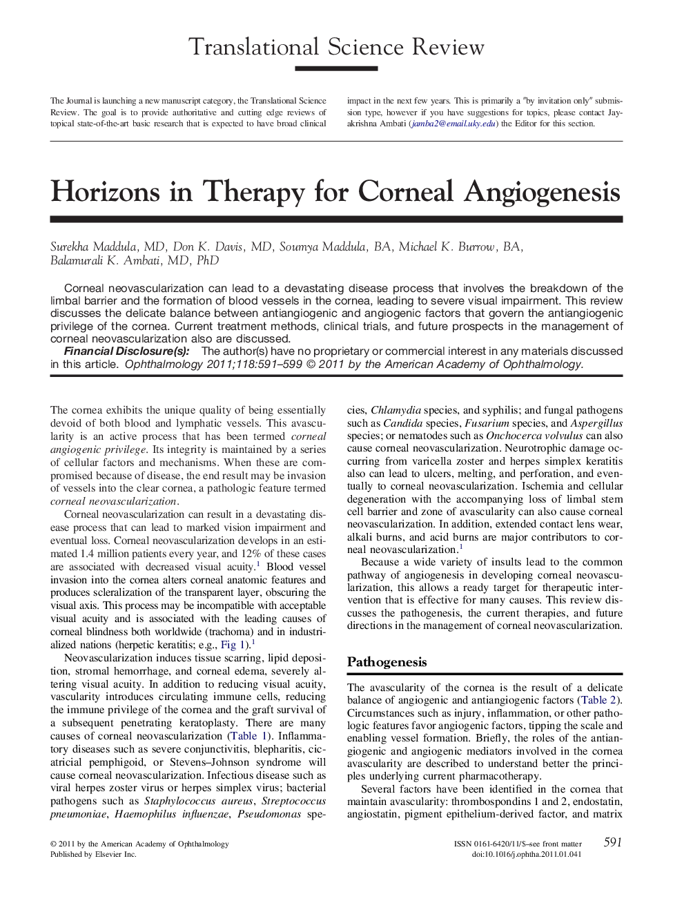 Horizons in Therapy for Corneal Angiogenesis