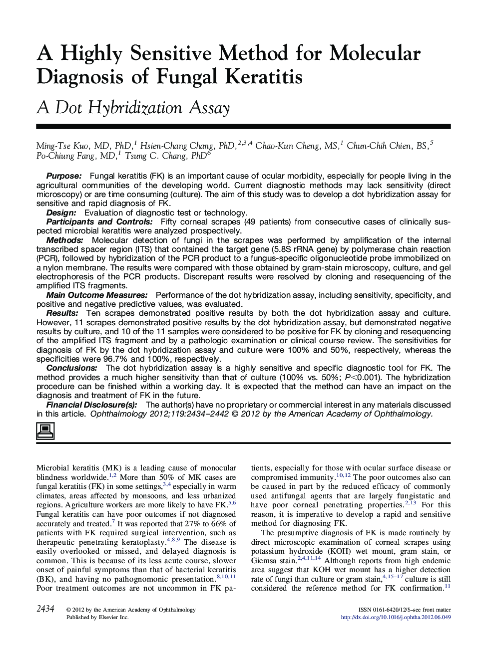A Highly Sensitive Method for Molecular Diagnosis of Fungal Keratitis : A Dot Hybridization Assay