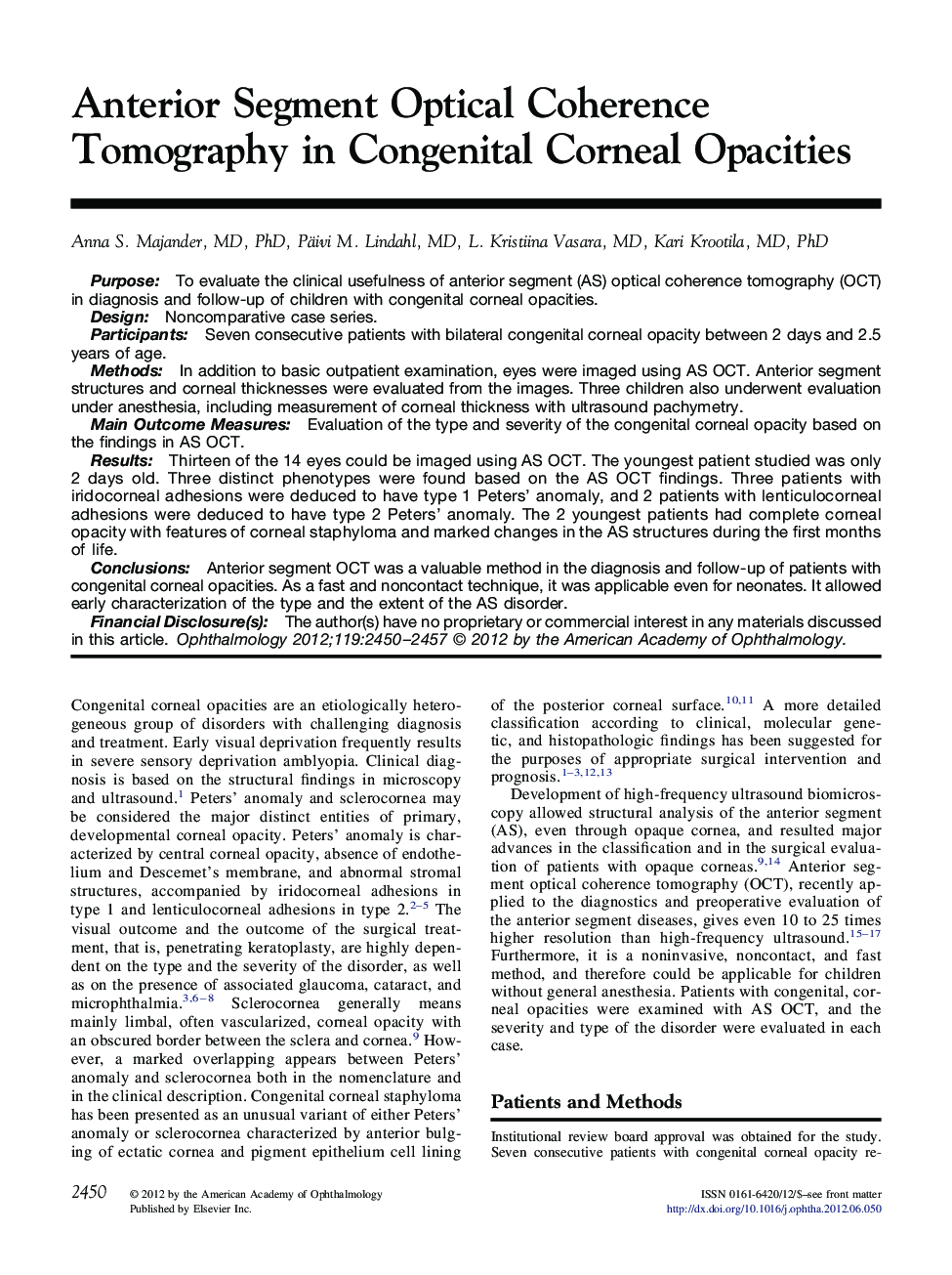 Anterior Segment Optical Coherence Tomography in Congenital Corneal Opacities