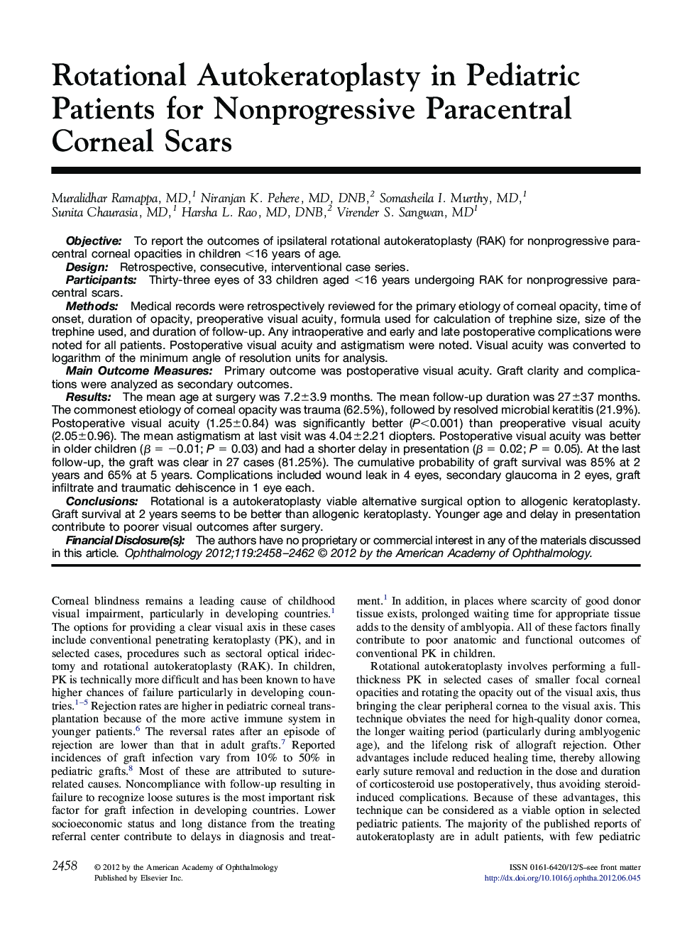 Rotational Autokeratoplasty in Pediatric Patients for Nonprogressive Paracentral Corneal Scars
