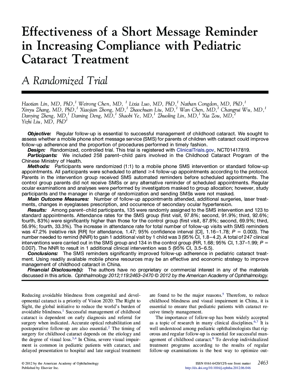 Effectiveness of a Short Message Reminder in Increasing Compliance with Pediatric Cataract Treatment : A Randomized Trial