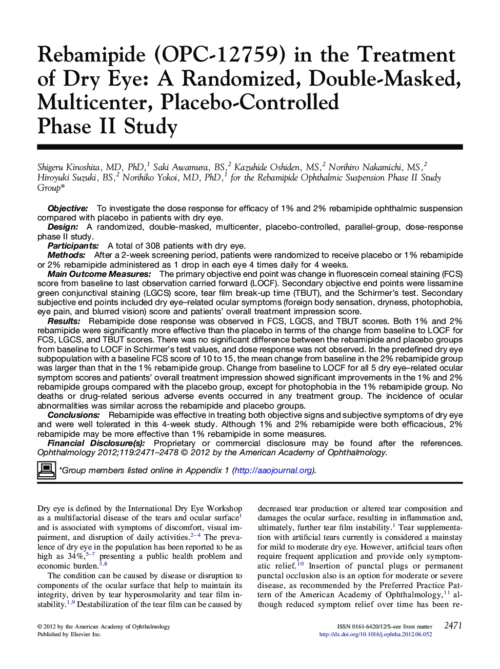 Rebamipide (OPC-12759) in the Treatment of Dry Eye: A Randomized, Double-Masked, Multicenter, Placebo-Controlled Phase II Study