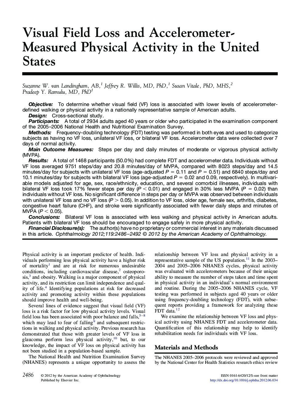 Visual Field Loss and Accelerometer-Measured Physical Activity in the United States