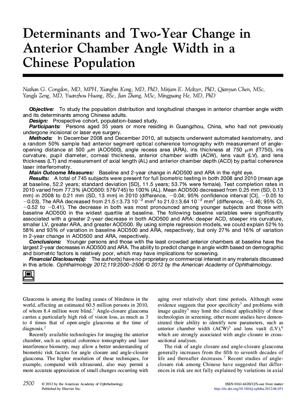 Determinants and Two-Year Change in Anterior Chamber Angle Width in a Chinese Population