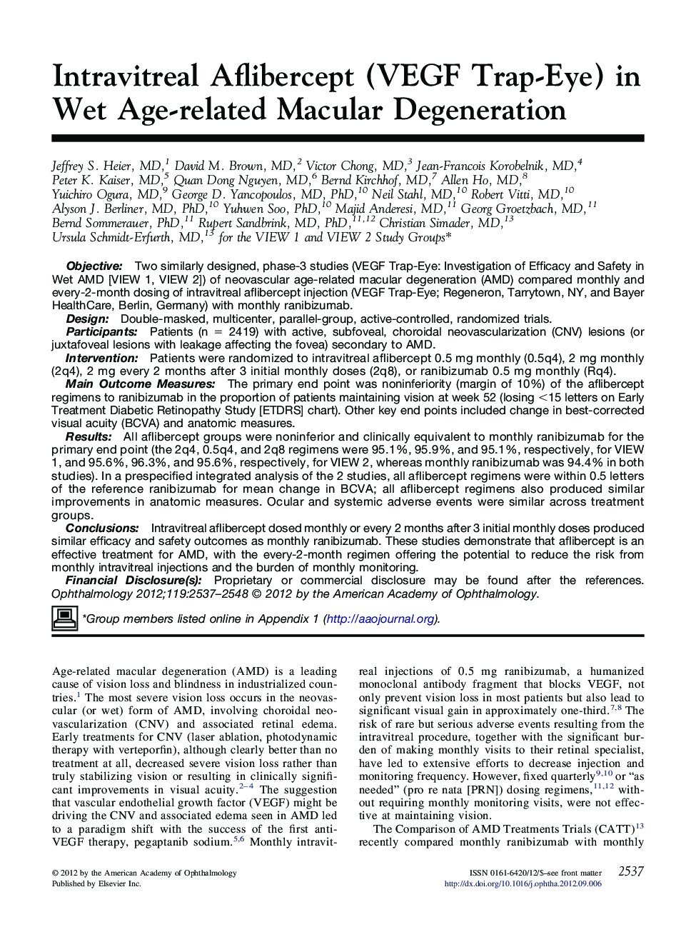 Intravitreal Aflibercept (VEGF Trap-Eye) in Wet Age-related Macular Degeneration